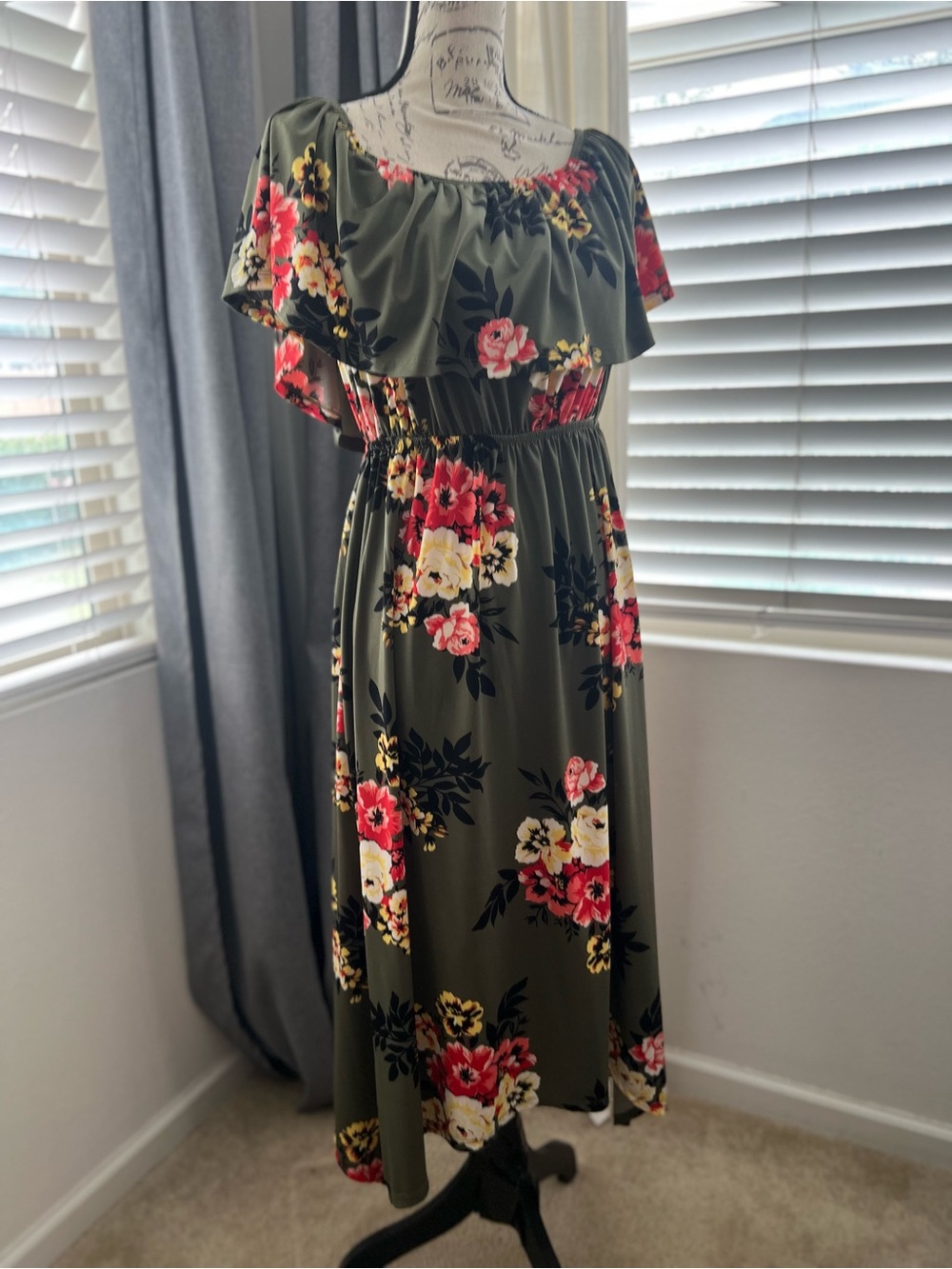 Du Jour Olive Floral Ruffle Midi Dress with Pink & Cream Blooms